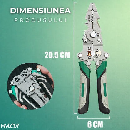 Patent multifunctional Macvi® 12-in-1 cu sertizor pentru cabluri cleste pliabil din otel pentru dezizolare, taiere si sertizare fire, design ergonomic pentru lucrari electrice