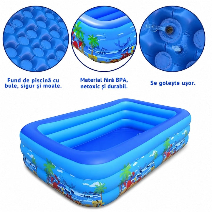 Piscina gonflabila familiala Macvi® 180 x 125 x 54 cm, 3 inele, PVC rezistent, capacitate 370 L, pentru 2 adulti si 3 copii, design tropical, albastru/alb