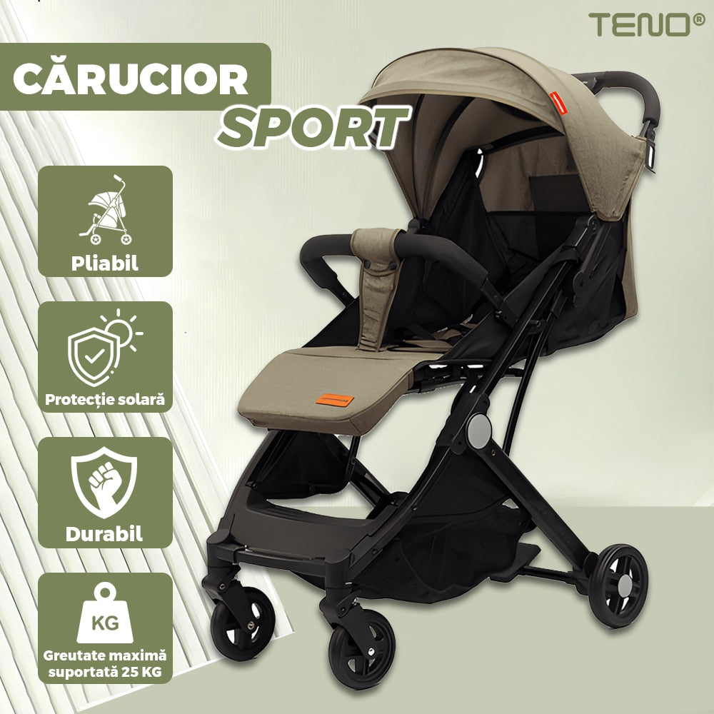 Carucior Sport pentru Bebelusi Teno®, pliabil, usor de carat, sezut reglabil, spatios, cosulet dorsal, copertina retractabila, greutate maxima suportata 25 kg, kaki