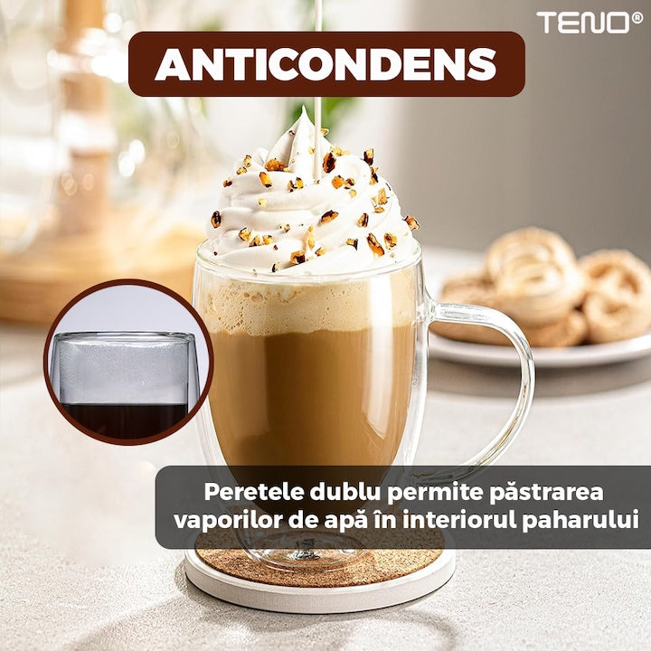Set 4 Cani de Sticla cu Perete Dublu Teno®, model rotund, design modern, termorezistente, capacitate 350 ml, 12 x 9 cm