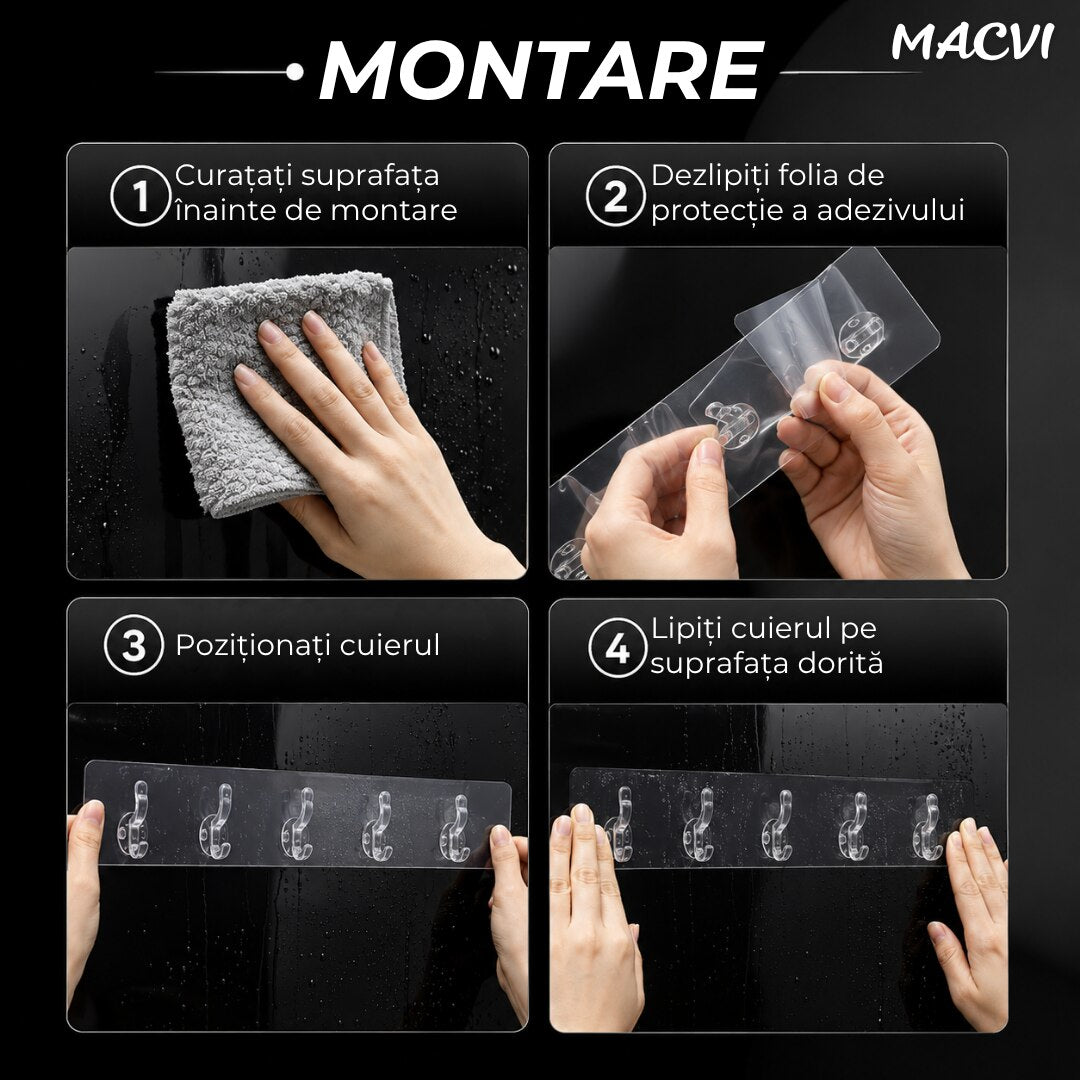 Suport autoadeziv baie sau bucatarie Macvi®, transparent, plastic rezistent, 5 carlige multifunctionale, 35 x 7 cm