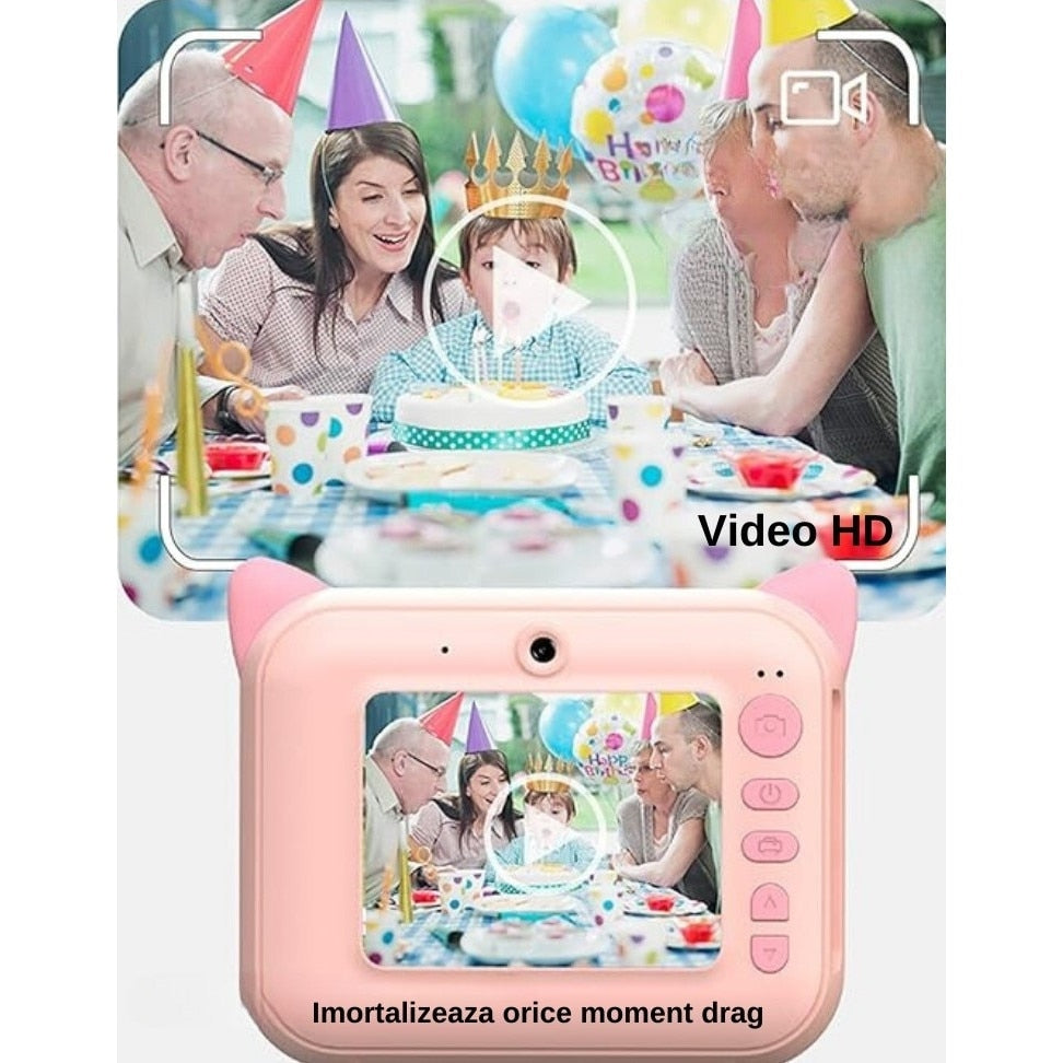 Aparat Foto pentru Copii Macvi® cu Imprimare Instant, Ecran 2.4 inch, 20 Mpx, Full HD 1080P, Selfie, Jocuri, Reincarcabil, 1 rola hartie inclusa, Roz