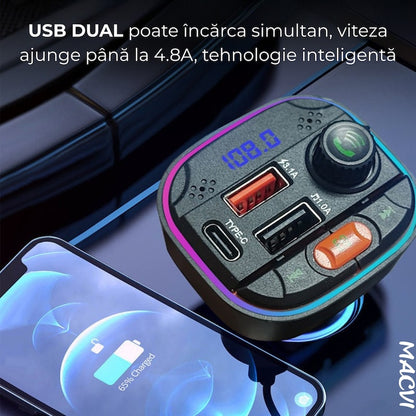 Modulator FM Bluetooth 5.0 Macvi® cu Incarcare Rapida QC 3.0 si PD 20W, 1x USB Tip C, 2x USB Tip A, Iluminare RGB, Negru