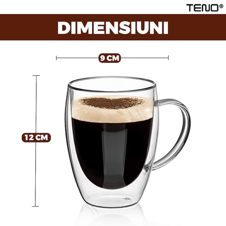 Set 4 Cani de Sticla cu Perete Dublu Teno®, model rotund, design modern, termorezistente, capacitate 350 ml, 12 x 9 cm