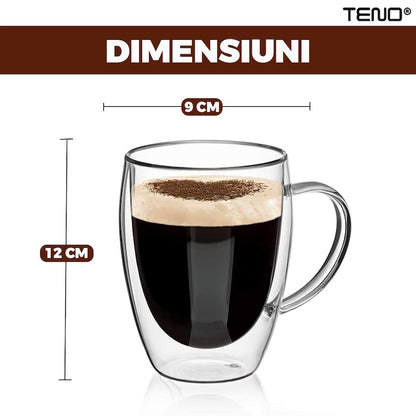 Set 4 Cani de Sticla cu Perete Dublu Teno®, model rotund, design modern, termorezistente, capacitate 350 ml, 12 x 9 cm