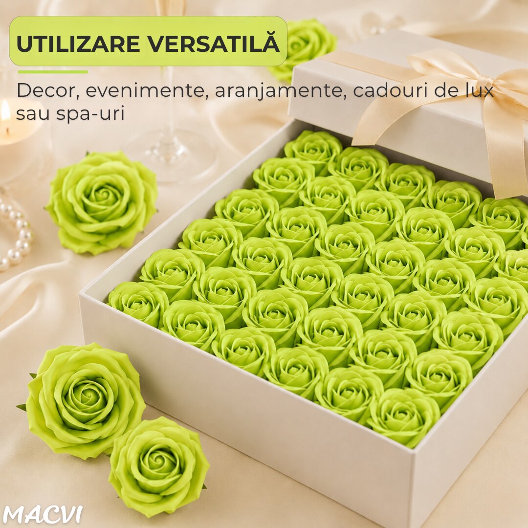 Set 50 trandafiri din sapun, 5x5 cm, calitate premium, decor si cadou elegant, Verde Lime