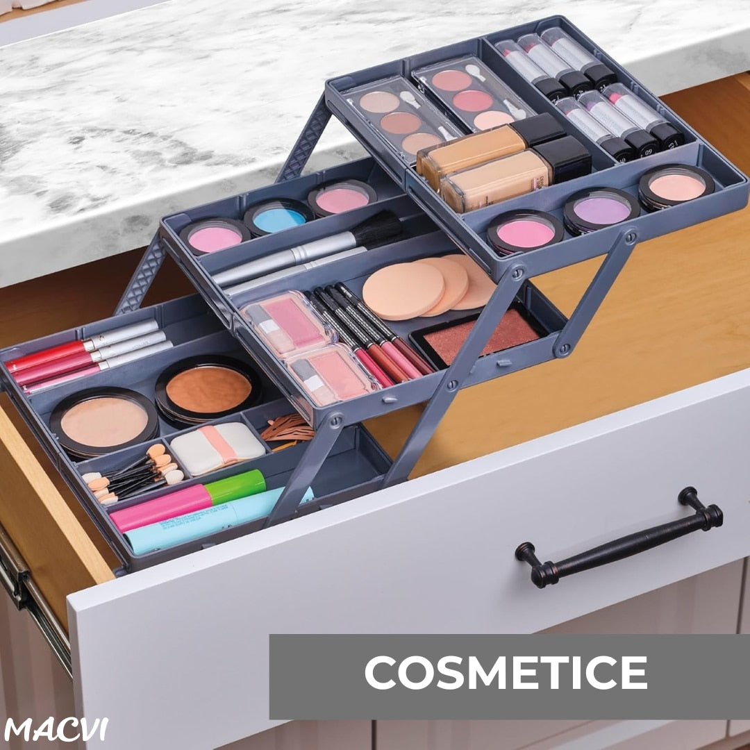 Macvi® Organizator Sertar Extensibil pe 3 nivele pentru Bijuterii si Cosmetice, 24, 13 x 19, 05 x 6, 99 cm, Negru, Sistem Reglabil cu Compartimente