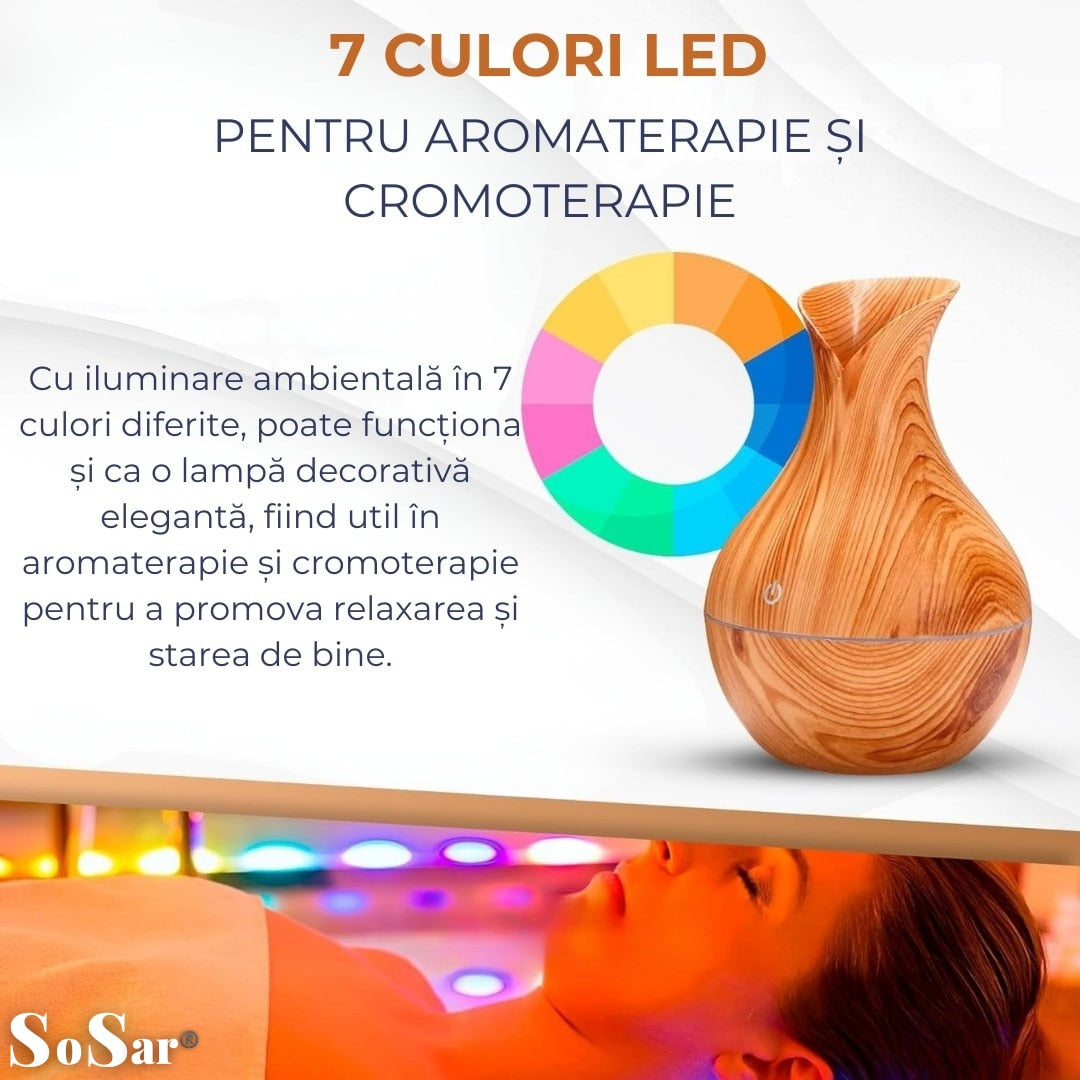 Difuzor Aromaterapie Sosar® cu Umidificator si Ultrasunete - Relaxare, Aromaterapie si Atmosfera Eleganta, LED 7 culori, 130 ml