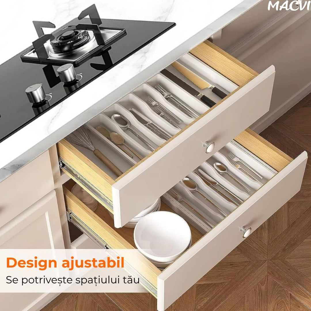 Organizator extensibil Macvi® 8 compartimente, pentru sertar, Sistem modular pentru tacamuri si ustensile de bucatarie, Alb
