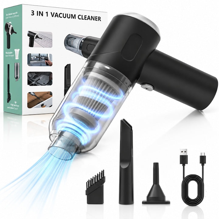 Aspirator Auto Portabil Macvi® 2 in 1, Aspirare si Suflare, Putere Aspiratie 5500 Pa, Motor 62.000 RPM, Baterie Duala 1500 mAh 7.4V, Filtru HEPA Lavabil, Incarcare USB, Accesorii Incluse, Negru