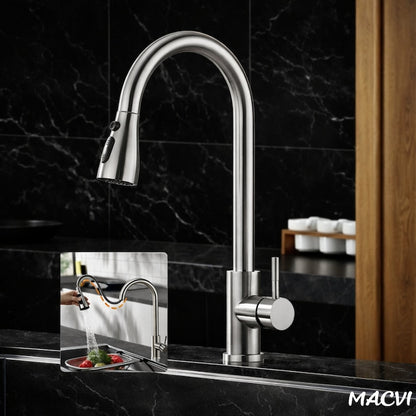 Baterie chiuveta bucatarie Macvi® Premium dus extractabil pipa inalta rotire 360 cartus ceramic 2 functii jet buton ON OFF racorduri incluse inox mat argintiu