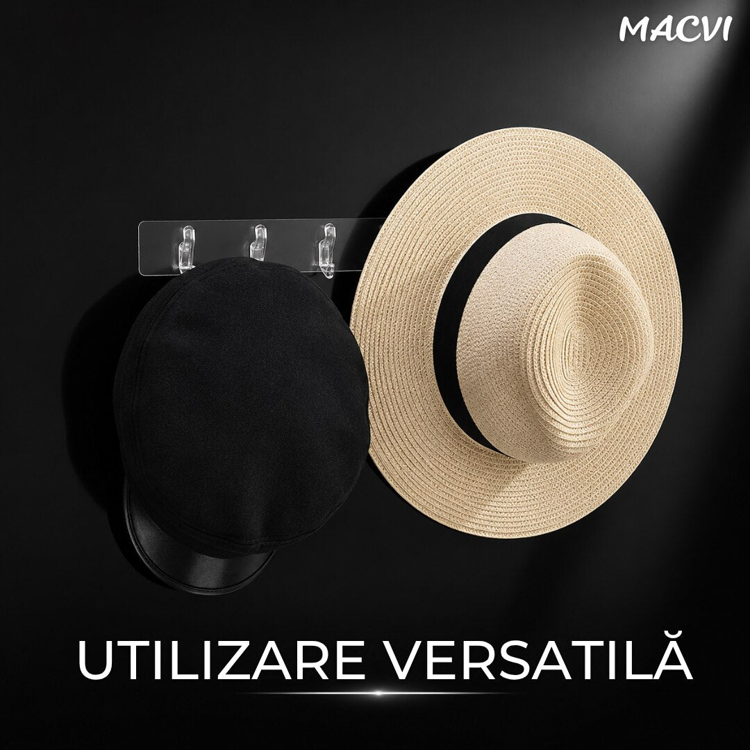Suport autoadeziv baie sau bucatarie Macvi®, transparent, plastic rezistent, 5 carlige multifunctionale, 35 x 7 cm