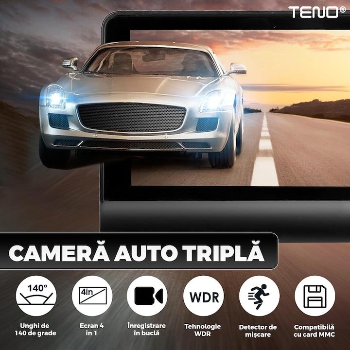 Camera Auto Tripla Teno®, fata, spate, interior, laterale, vizualizare unghi de 140°, camera marsarier, ecran de 4”, LED, full HD 1080p, loop recording, negru