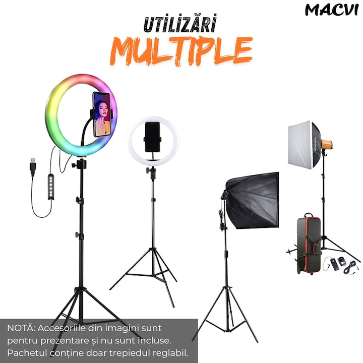 Trepied reglabil 2m Macvi® pentru camera foto, video, telefon si lampa circulara, suport profesional din aluminiu, prindere 1/4", ideal pentru vlogging, fotografie si live streaming