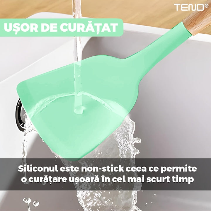 Set Ustensile Bucatarie 12 Piese Silicon Alimentar Teno®, termorezistente, antiaderente, sigure, suport inclus, verde deschis