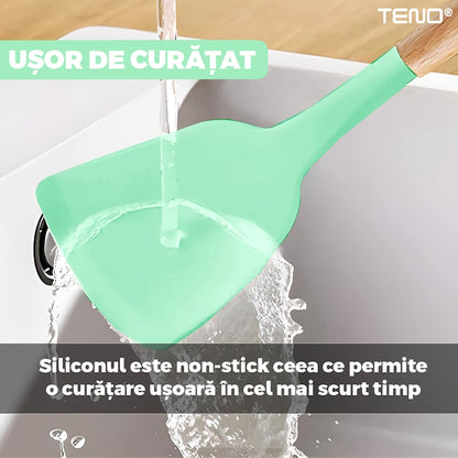 Set Ustensile Bucatarie 12 Piese Silicon Alimentar Teno®, termorezistente, antiaderente, sigure, suport inclus, verde deschis