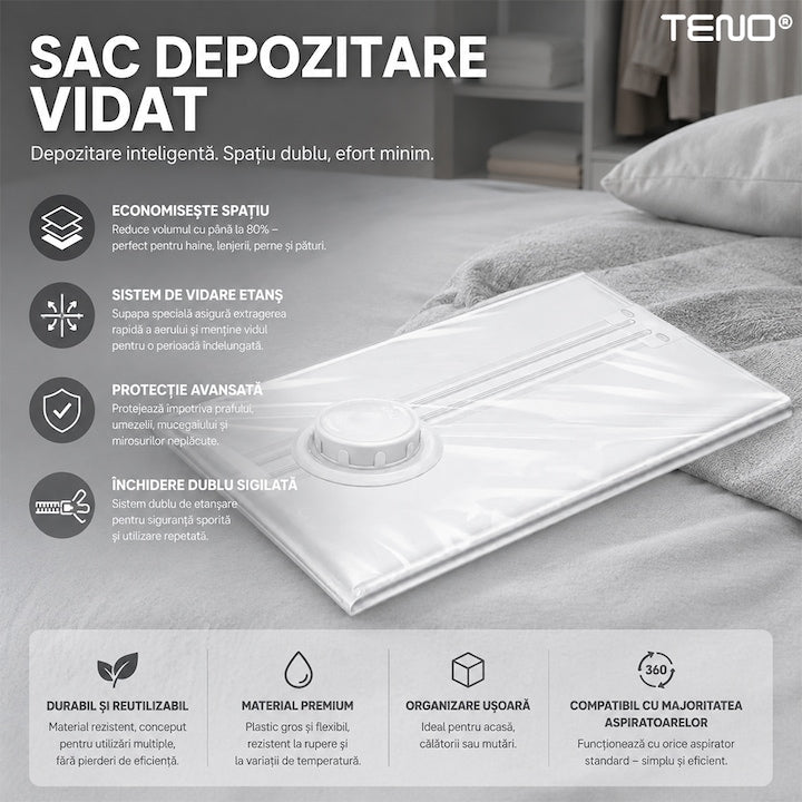 Sac de Vidat Teno®, pentru imbracaminte, pilote, perne, rezistent, valva tripla, materiale calitative, protectie waterproof, reutilizabil, vidare prin vacuum, 60 x 90 cm, alb