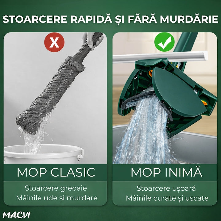 Mop cu Cap Inima Macvi® 360° Telescopic Curatare Usoara, 127 cm, Verde, Cap Rotativ si Lavete Microfibra
