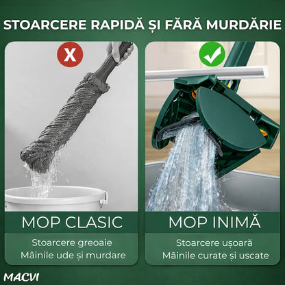 Mop cu Cap Inima Macvi® 360° Telescopic Curatare Usoara, 127 cm, Verde, Cap Rotativ si Lavete Microfibra