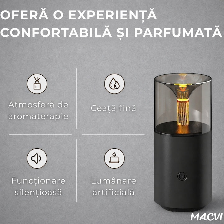Umidificator Aromaterapie Macvi® cu Efect Flacara Tip Lumanare 250 ml Portabil USB cu Oprire Automata Pulverizare Arome LED Ambiental pentru Dormitor Bucatarie Masina