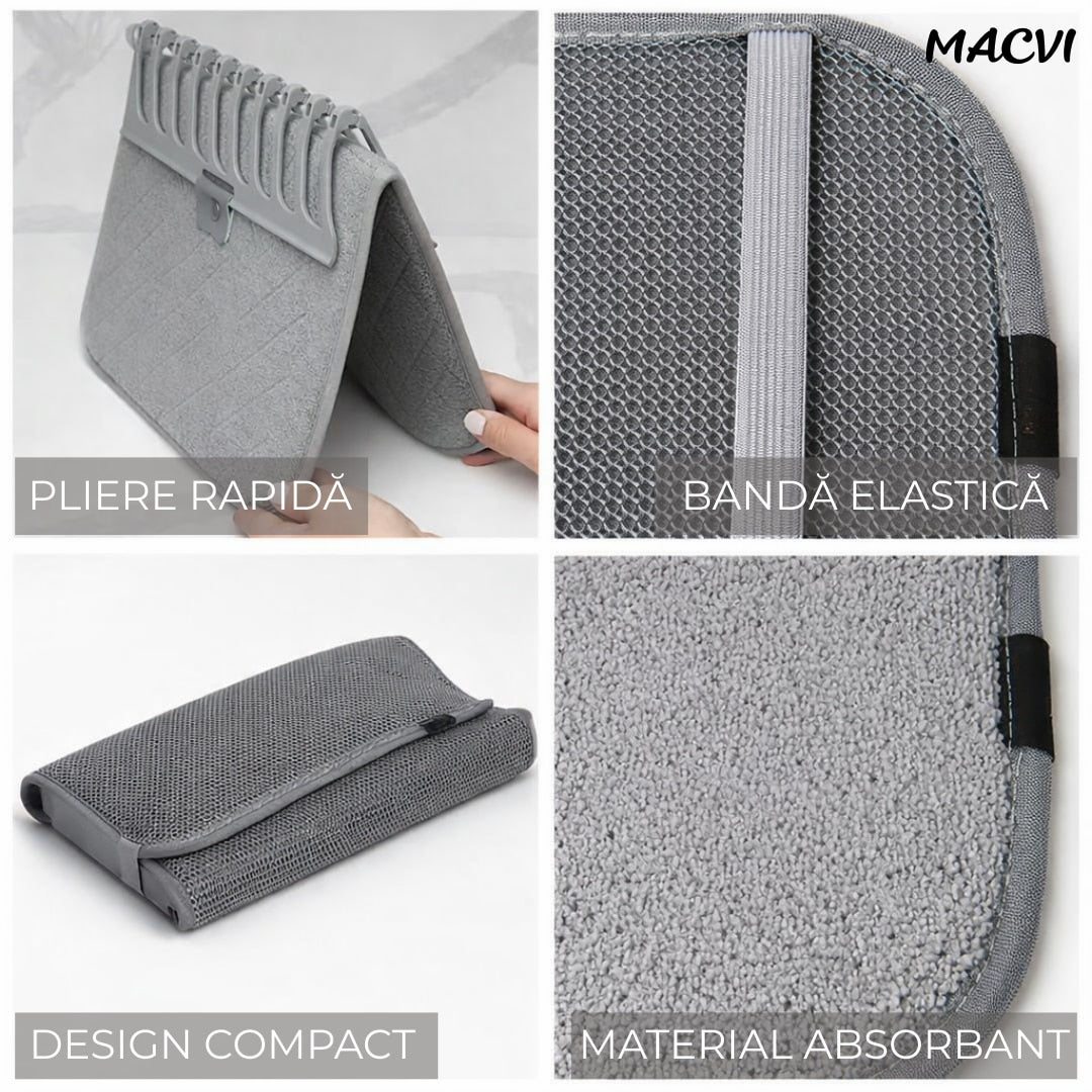Suport vase Macvi® uscator vase pliabil 58x45.5, covoras absorbant material textil si suport siliconic organizator chiuveta bucatarie design compact respirabil banda elastica stabilitate mare, modern