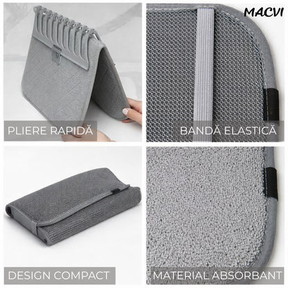 Suport vase Macvi® uscator vase pliabil 58x45.5, covoras absorbant material textil si suport siliconic organizator chiuveta bucatarie design compact respirabil banda elastica stabilitate mare, modern