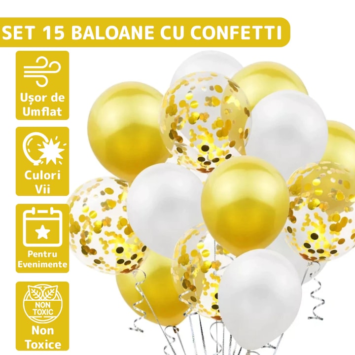 Set 15 Baloane Teno®, Confeti, pentru Petreceri/Aniversari/Evenimente, o singura dimensiune, 3 culori, latex, auriu/alb/transparent