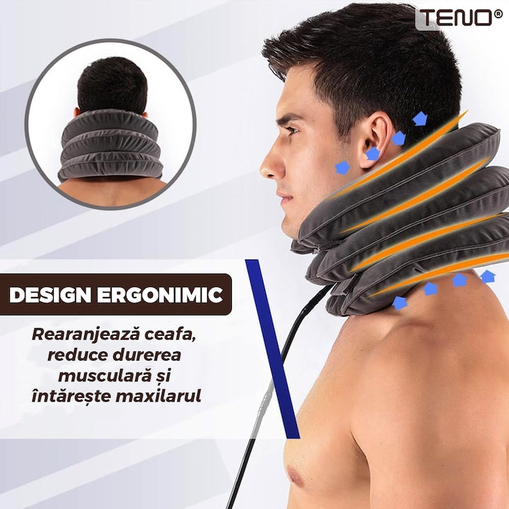 Guler Cervical Teno®, confortabil, moale, ajustabil, usor de umflat, imbunatateste postura, pentru spondiloza si hernie cervicala, maro