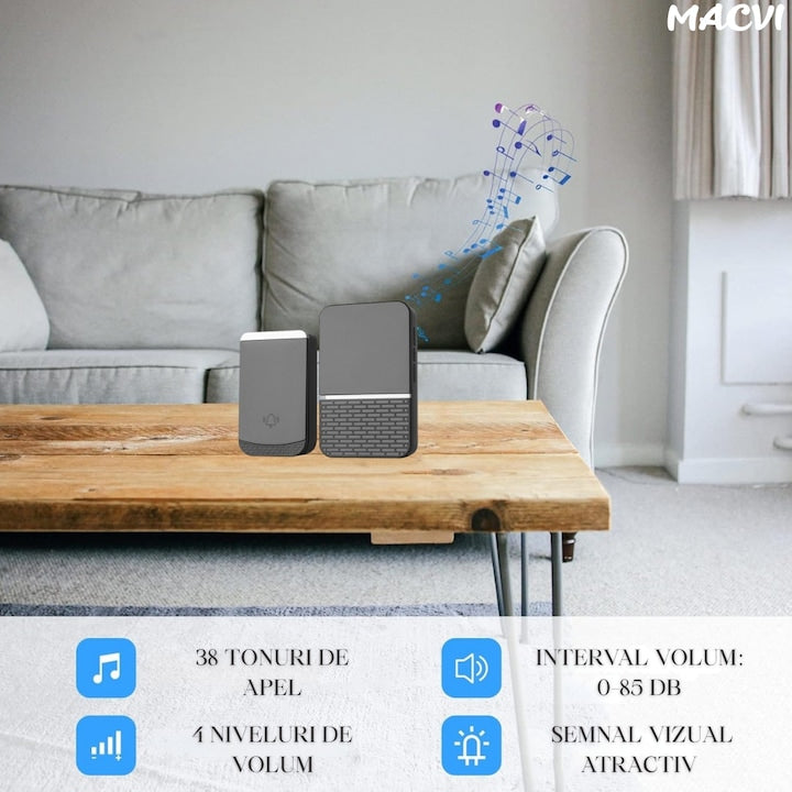 Sonerie fara fir Macvi®, wireless, 260 m raza, 4 niveluri volum, rezistenta apa IP44, fixare dubla, negru