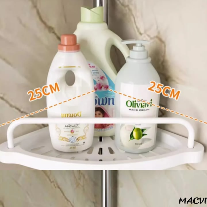 Etajera Extensibila Macvi® pentru Baie, 4 Polite si Umeras, Tip Coltar, 3 Carlige, 100-260 cm, Alb