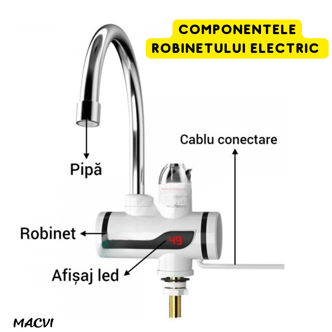 Robinet electric Model RX-00701 Macvi®, LED, apa calda instant, WSN + Filtru pentru apa, montabil pe robinet, Alb