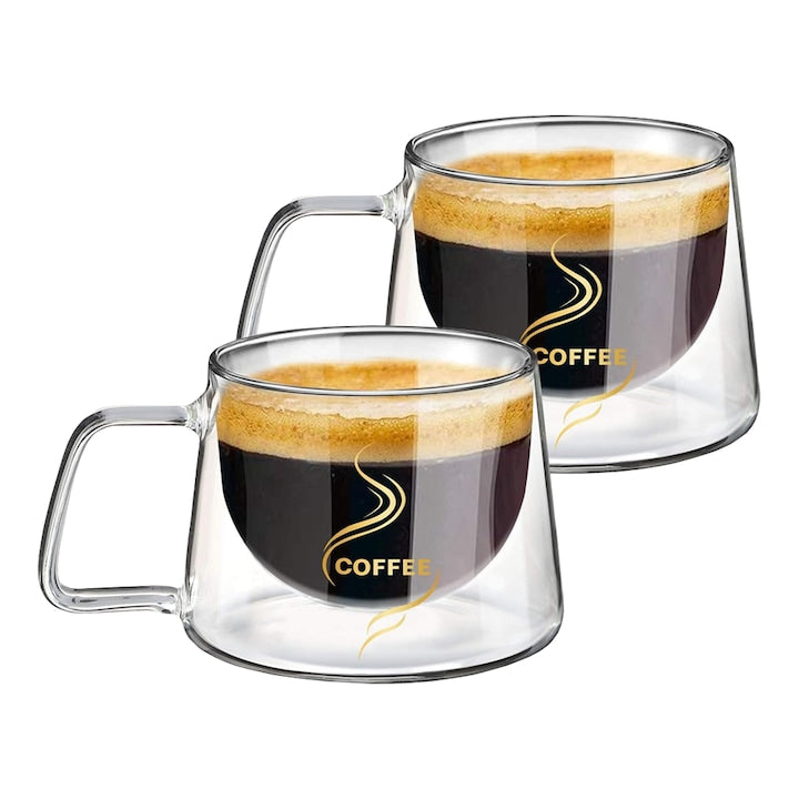 Set 2 Cani de Sticla cu Perete Dublu Teno®, model COFFEE, design modern, termorezistente, capacitate 200 ml, 12 x 8 cm