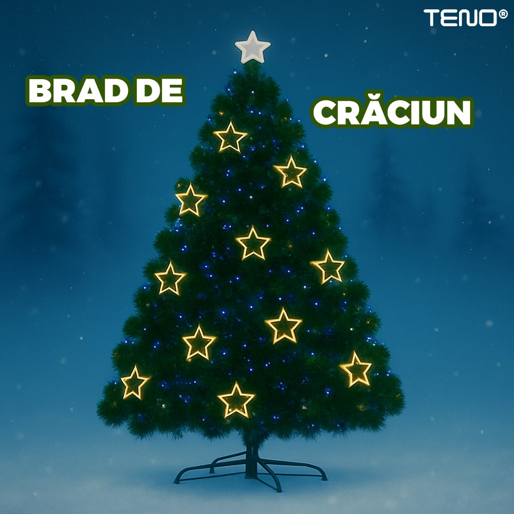 Brad Artificial de Craciun Teno®, luminite in forma de stea goala, varf stea inclus, cadru metalic, atmosfera feerica, verde, 120 cm