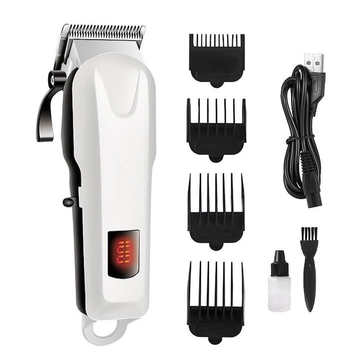 Aparat de tuns barba Teno®, afisaj digital, 4 piepteni inclusi, incarcare la retea, lame ascutite, usor de curatat, trimmer profesional, alb
