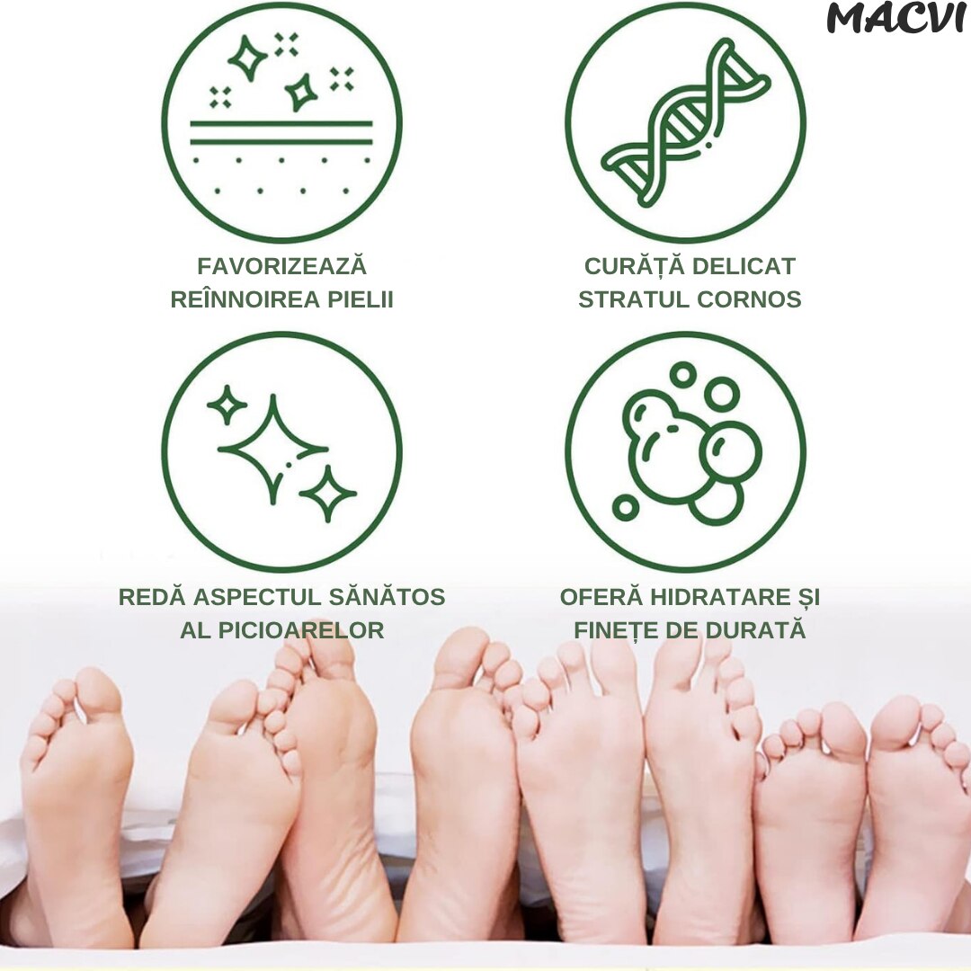 Sosete cu masca exfolianta pentru picioare Macvi®, 1 pereche, hidratare intensa, exfoliere delicata, eliminarea mirosurilor, ingrijire naturala pentru piele catifelata