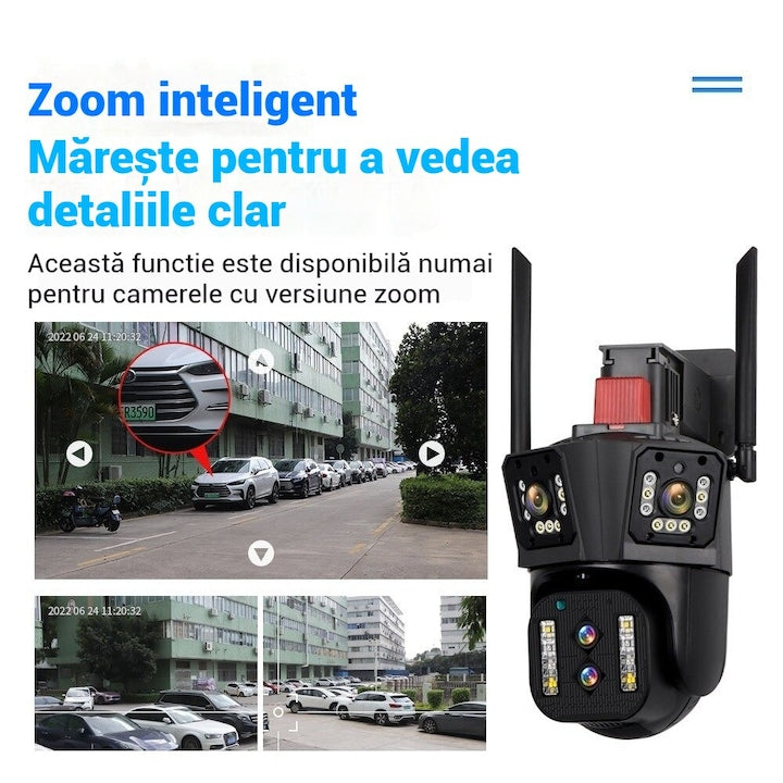 Camera Supraveghere WiFi Tripla Macvi® 4MP HD IP66 Rotire Inteligenta Zoom 4X Vedere Nocturna Color Audio Bidirectional Alarma