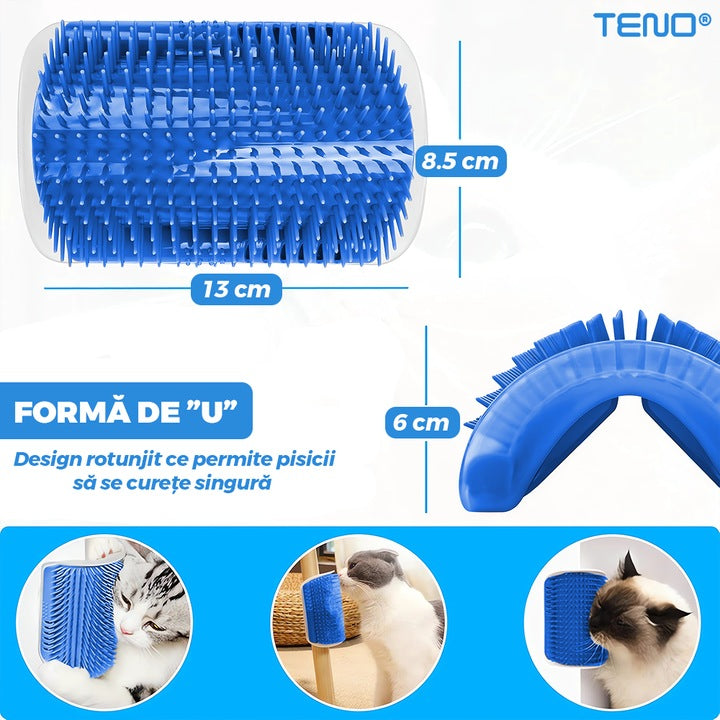 Perie de Colt pentru Pisici Teno®, materiale sigure, montare usoara, self-grooming, recipient pentru iarba pisicii, design curbat, 13 x 8.5 cm, albastru