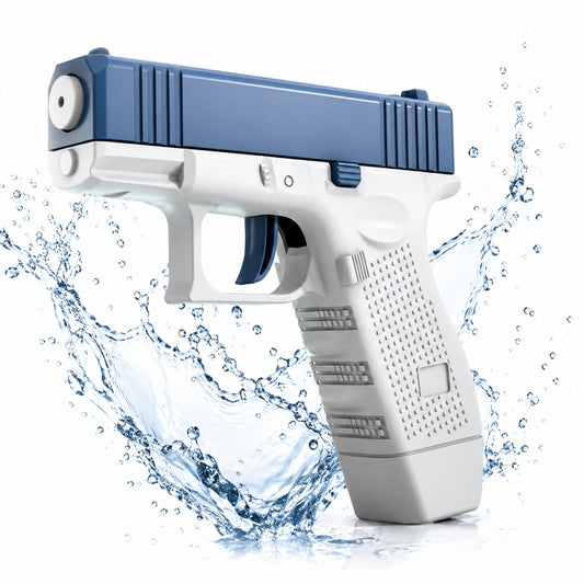 Pistol cu apa copii Macvi®, albastru cu alb, actionare manuala, jucarie vara exterior, dezvoltare dexteritate, 11.5 x 10 x 2.5 cm