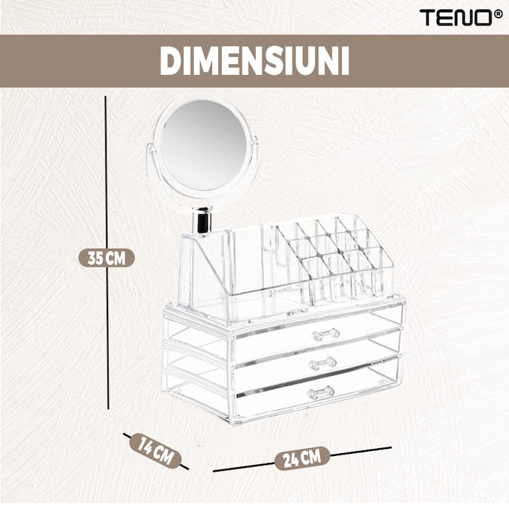 Organizator Cutie Depozitare pentru Produse Cosmetice Teno®, bijuterii si alte obiecte, 3 sertare, oglinda incorporata, piese detasabile, transparenti, 24 x 35 cm