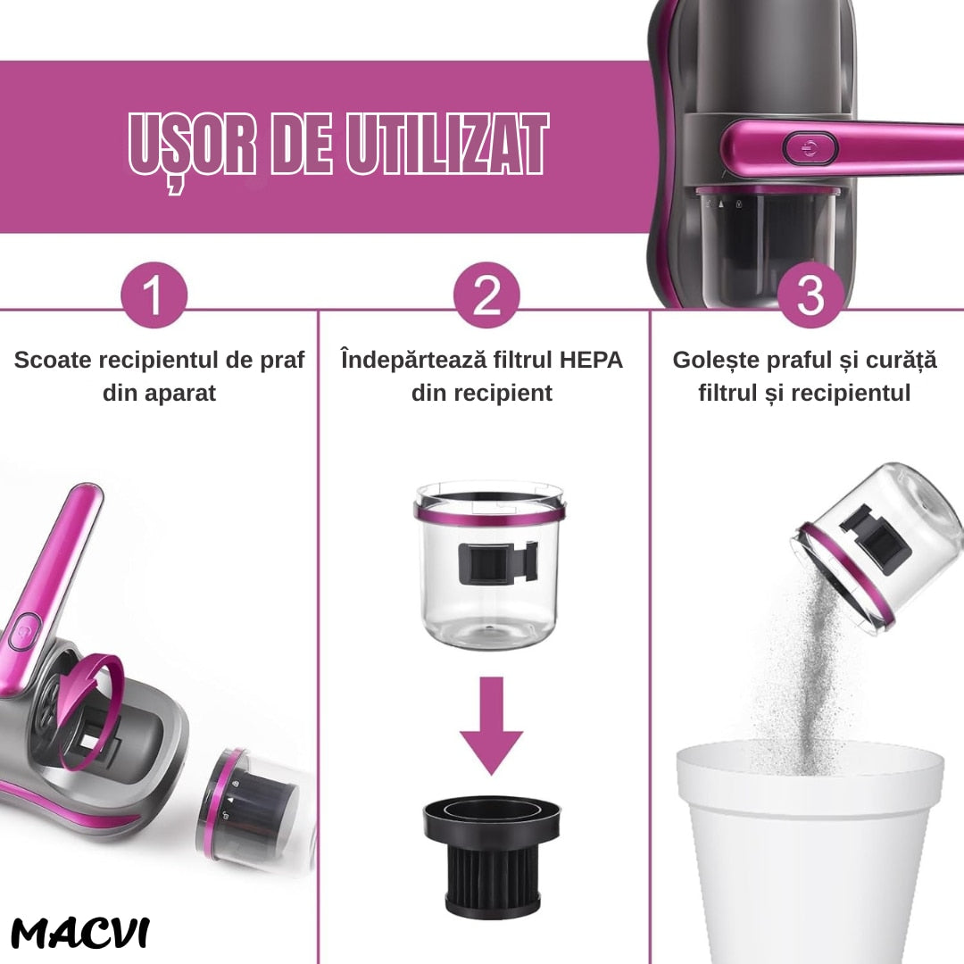 Aspirator Antiacarieni Macvi®, 8000 Pa, Fara Fir, Filtru HEPA, Baterie 3600 mAh, UVC, Rezervor 500 ml, Curatare Pat, Canapea si Covoare