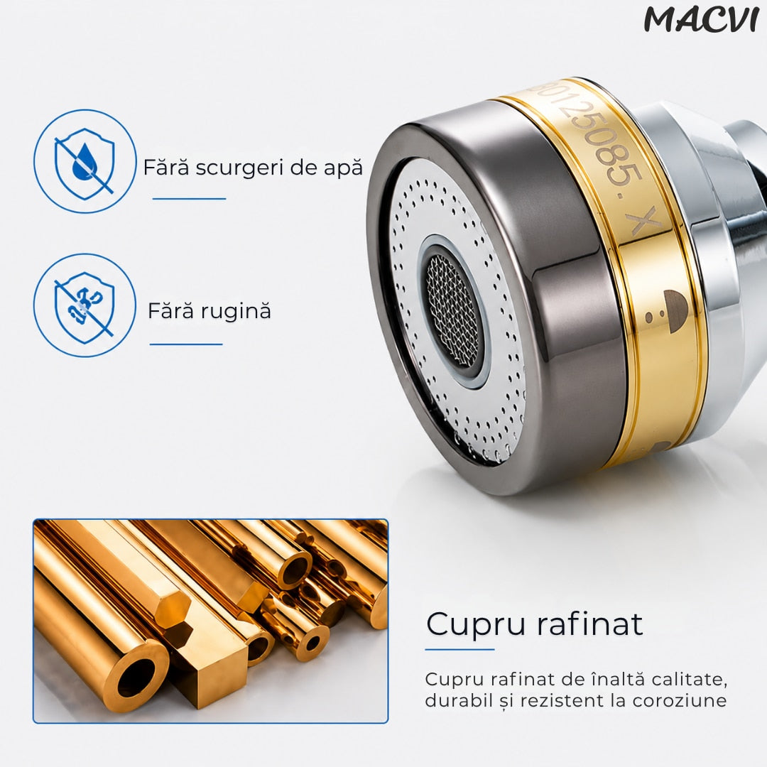Prelungitor flexibil robinet Macvi® 360° 3 moduri jet economisire apa anti calcar alama inox 7.5 cm argintiu