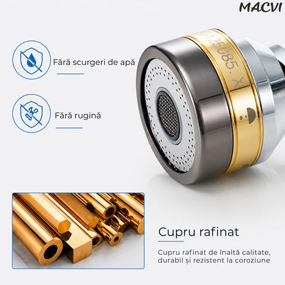 Prelungitor flexibil robinet Macvi® 360° 3 moduri jet economisire apa anti calcar alama inox 7.5 cm argintiu