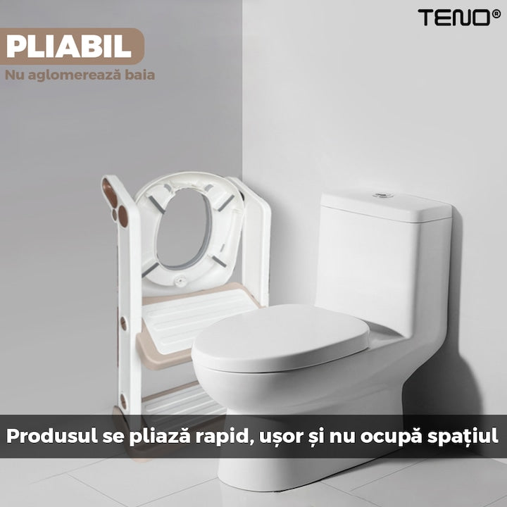 Reductor WC cu Scara Teno®, antiderapant, pentru copii cu varsta pana la 7 ani, protectie impotriva stropilor, 2 trepte, reglabil pe inaltime, manere de sustinere, alb/rose gold