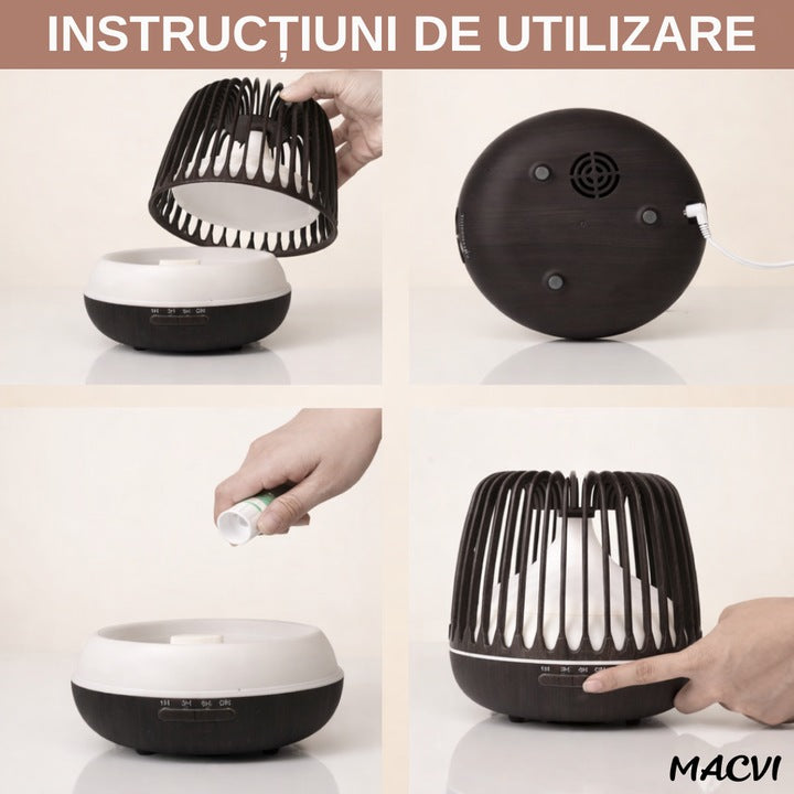 Difuzor Aromaterapie/Umidificator Macvi® cu Lampa 7 Culori, 500 ml, Culoare Negru