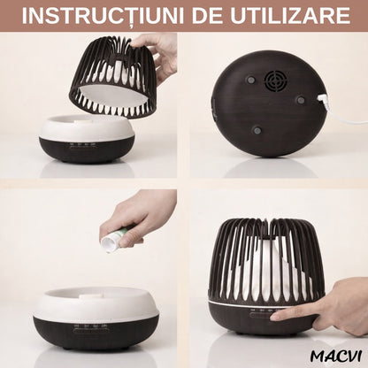 Difuzor Aromaterapie/Umidificator Macvi® cu Lampa 7 Culori, 500 ml, Culoare Negru