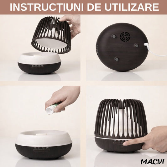 Difuzor Aromaterapie/Umidificator Macvi® cu Lampa 7 Culori, 500 ml, Culoare Negru