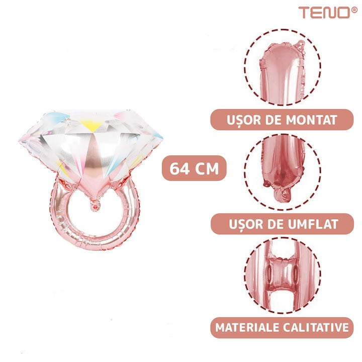 Set 36 Baloane Teno®, Litere, pentru Petreceri/Aniversari/Evenimente, sticla de sampanie, inel de logodna, mai multe dimensiuni, metalizate, folie, model BRIDE TO BE, rose gold