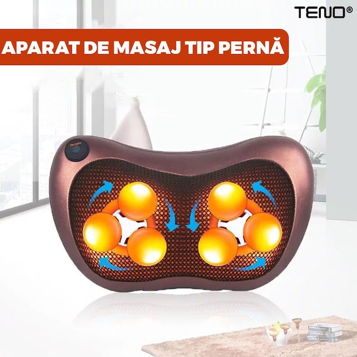 Aparat pentru Masaj Tip Perna Teno®, shiatsu, pentru masaj cervical sau lombar, priza auto sau normala, bile cu infrarosu, terapie cu incalzire, portabila, doua sensuri de rotire, elastic tetiera auto, 30 W, rosu