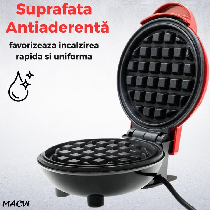Aparat gofre Macvi® mini pentru vafe cu placi antiaderente indicator luminos design compact rosu ideal mic dejun rapid