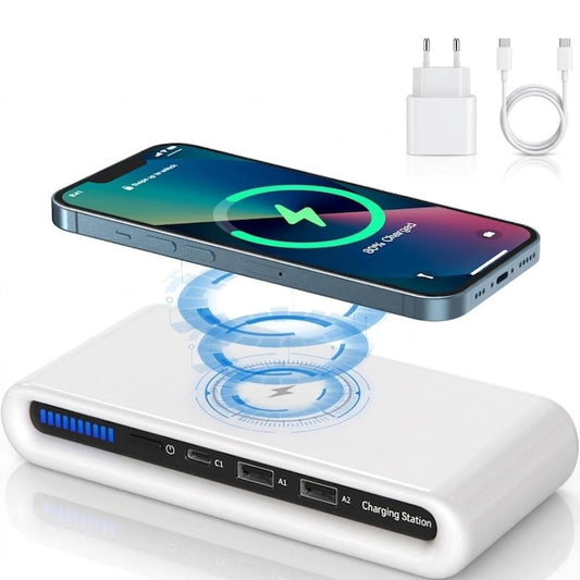 Incarcator fara fir Macvi® 4 in 1 cu conectare USB-C si 2 sloturi USB